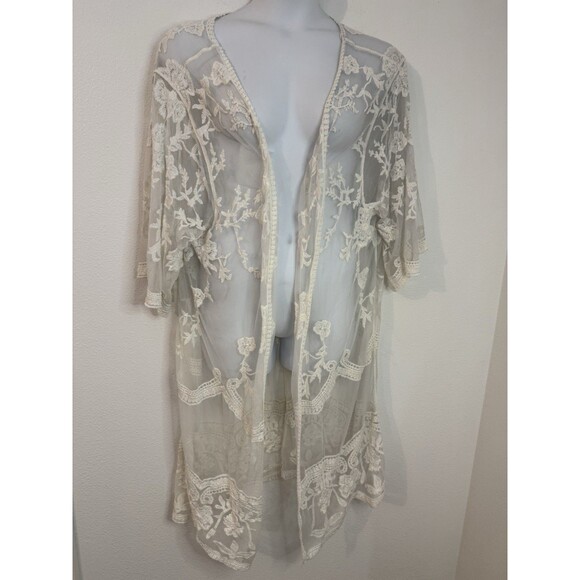 Dizzy Gal Lace Kimono Duster Cover Up Top Long Line Size 1X Ivory Festival Girly - Picture 1 of 7